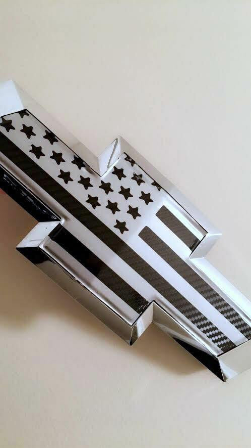 Chevy Silverado Bowtie AMERICAN Flag CARBON FIBER Emblem Overlay Badge Decal