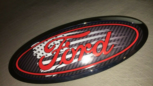 Carbon Fiber Ford F250 F350 Red Emblem American Flag Overlay Badge Vinyl Decal